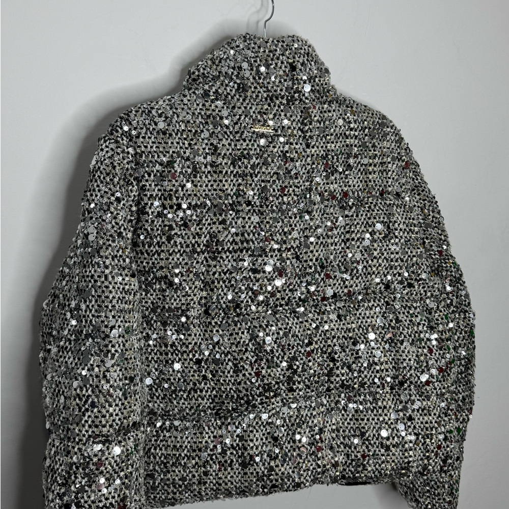 Milly Hayes Sequin Tweed Puffer Silver Women’s Medium - Picture 3 of 7